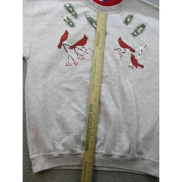Christmas Sweatshirt Women's Large Cardinals Double Collar Granny Gray Red Birds - Picture 3 of 7